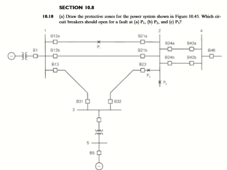 10.18 (a) Draw the protective zones for the power system shown in Figure 10.45. Which cir-
cuit breakers should open for a fault at (a) P. (b) P, and (c) P?
824
B42a
B1
812b
821b
846
82
8420
813
823
P,
831 O
