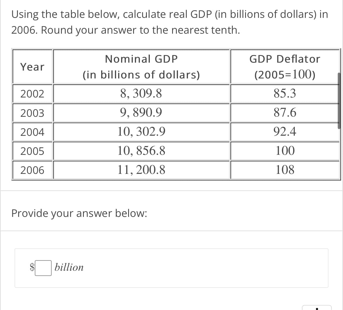Using the table below, calculate real GDP (in billions of dollars) in
2006. Round your answer to the nearest tenth.
Year
2002
2003
2004
2005
2006
Nominal GDP
(in billions of dollars)
8, 309.8
9, 890.9
10, 302.9
10, 856.8
11, 200.8
Provide your answer below:
billion
GDP Deflator
(2005=100)
85.3
87.6
92.4
100
108