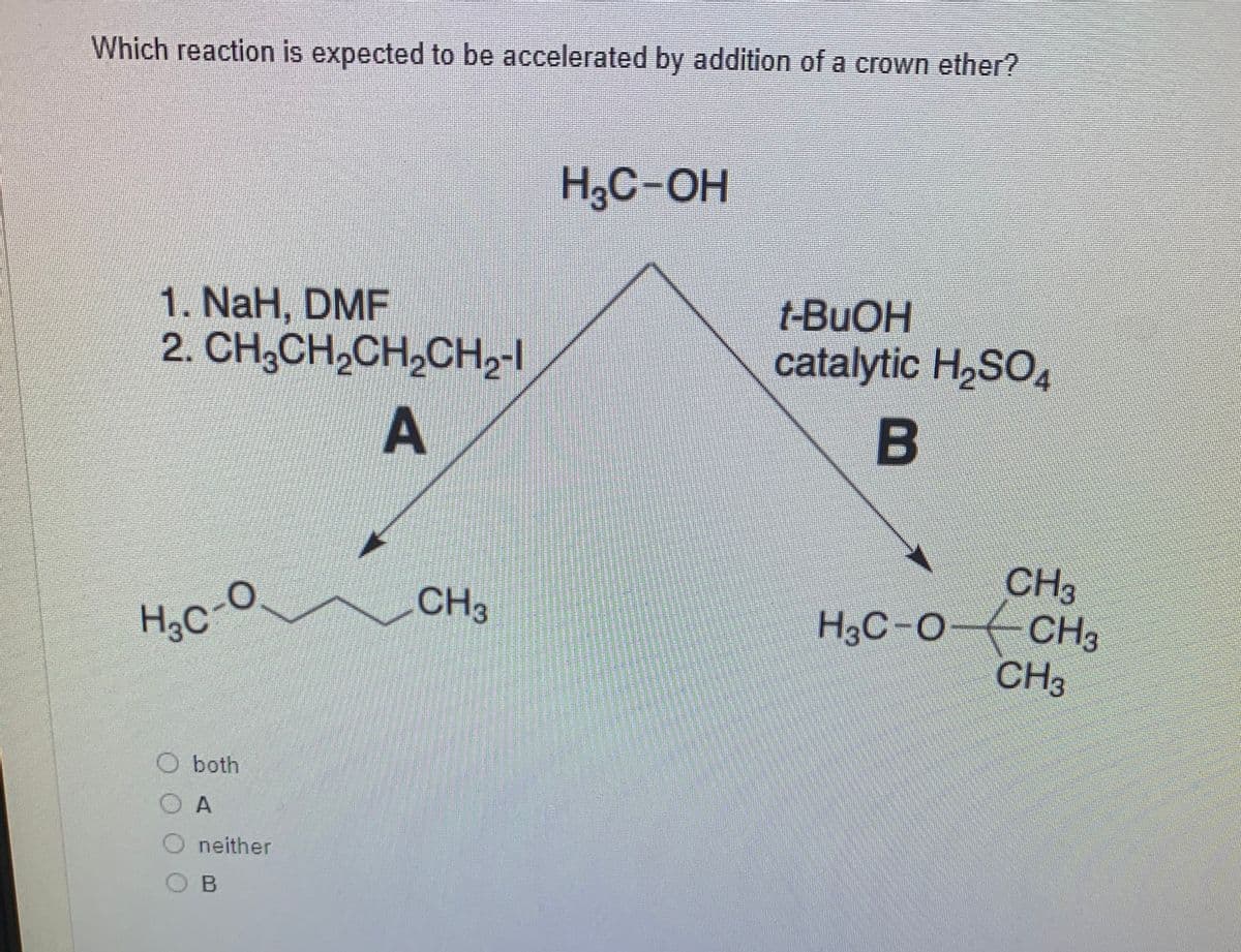 Which reaction is expected to be accelerated by addition of a crown ether?
H3C-OH
1. NaH, DMF
2. CH,CH,CH,CH2-I
t-BUOH
catalytic H,SO,
A
B
CH3
H3C-0 CH3
CH3
CH3
HaC-O
O both
A
neither
