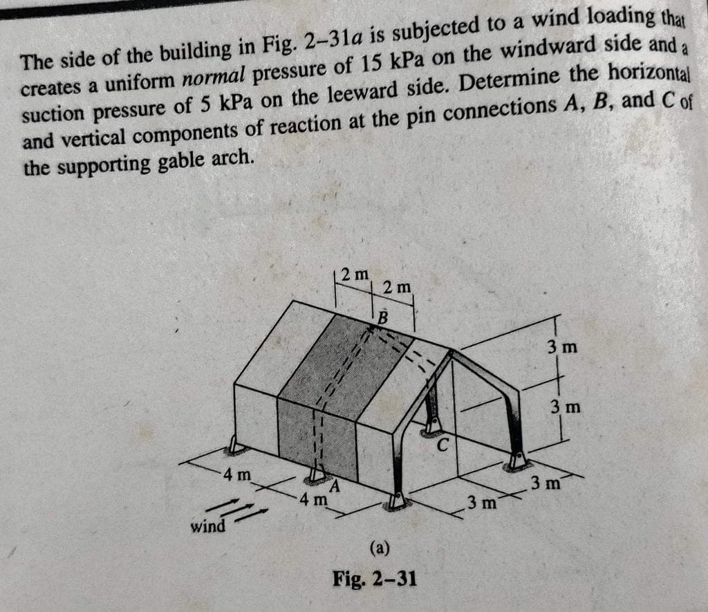 The side of the building in Fig. 2-31a is subjected to a wind loading that
creates a uniform normal pressure of 15 kPa on the windward side and a
suction pressure of 5 kPa on the leeward side. Determine the horizontal
and vertical components of reaction at the pin connections A, B, and C of
the supporting gable arch.
-4 m
wind
4 m
2 m
2 m
(a)
Fig. 2-31
3 m
3 m
3 m
3 m