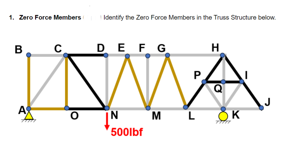 1. Zero Force Members
B
T
АЯ
Identify the Zero Force Members in the Truss Structure below.
C
D E F G
P
INA
MA
O
M L
H
500lbf
Q
K