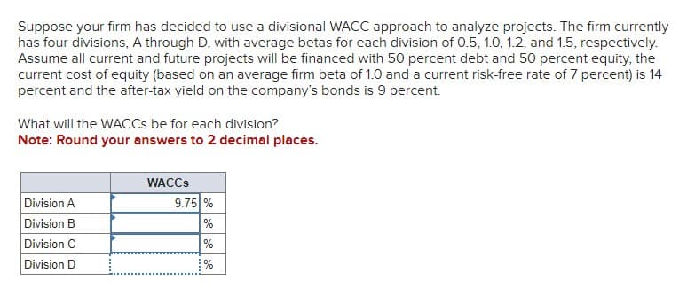 Suppose your firm has decided to use a divisional WACC approach to analyze projects. The firm currently
has four divisions, A through D, with average betas for each division of 0.5, 1.0, 1.2, and 1.5, respectively.
Assume all current and future projects will be financed with 50 percent debt and 50 percent equity, the
current cost of equity (based on an average firm beta of 1.0 and a current risk-free rate of 7 percent) is 14
percent and the after-tax yield on the company's bonds is 9 percent.
What will the WACCs be for each division?
Note: Round your answers to 2 decimal places.
WACCs
Division A
9.75 %
Division B
%
Division C
%
Division D
%