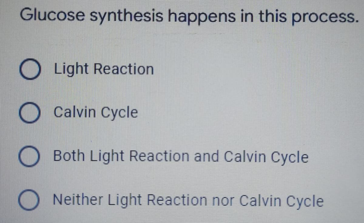 Glucose synthesis happens in this process.
O Light Reaction
O Calvin Cycle
O Both Light Reaction and Calvin Cycle
O Neither Light Reaction nor Calvin Cycle
