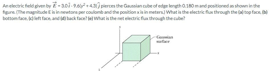 An electric field given by E=3.0-9.6(y² + 4.3) pierces the Gaussian cube of edge length 0.180 m and positioned as shown in the
figure. (The magnitude E is in newtons per coulomb and the position x is in meters.) What is the electric flux through the (a) top face, (b)
bottom face, (c) left face, and (d) back face? (e) What is the net electric flux through the cube?
Gaussian
surface