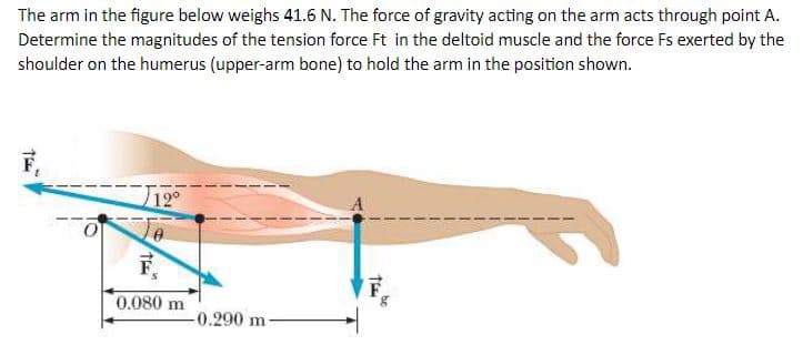The arm in the figure below weighs 41.6 N. The force of gravity acting on the arm acts through point A.
Determine the magnitudes of the tension force Ft in the deltoid muscle and the force Fs exerted by the
shoulder on the humerus (upper-arm bone) to hold the arm in the position shown.
F
0.080 m
-0.290 m
TE
br