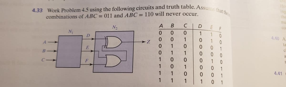 4.33 Work Problem 4.5 using the following circuits and truth table. ASsume that the
Ho
ing
the
4.33
%3D
combinations of ABC = 011 and ABC = 110 will never occur.
%3D
nu
АВ С
N2
F
CO
N1
0 0 0
1
1
1
4.40 A
1
ta
0 1
0 1
1
CH
1
C-
1 0
1
1 0
1
1
1
4.41
1
1 1
1
1
0 1
