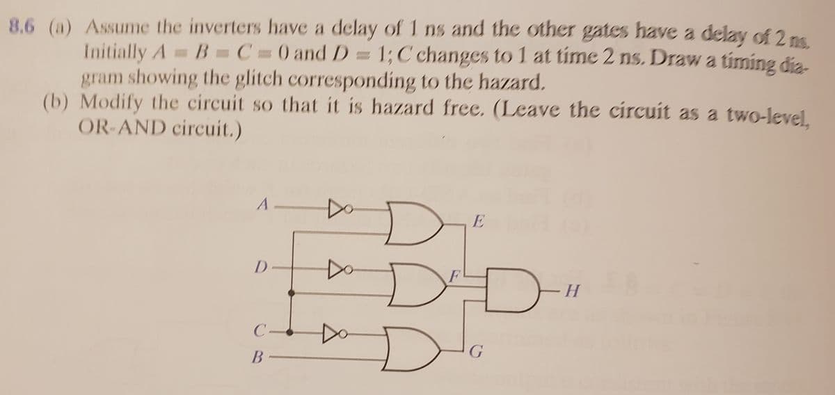 8.6 (a) Assume the inverters have a delay of 1 ns and the other gates have a delay of 2 ns
Initially A B= C = 0 and D = 1;C changes to 1 at time 2 ns. Draw a timing dia.
gram showing the glitch corresponding to the hazard.
(b) Modify the circuit so that it is hazard free. (Leave the circuit as a two-level.
OR-AND circuit.)
Do
E
DD
Do
Do
G
B
