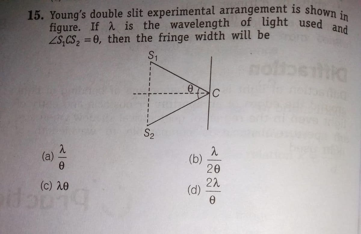 15. Young's double slit experimental arrangement is shown in
figure. If is the wavelength of light used and
figure. If is the wavelength of light used
ZS,CS, = 0, then the fringe width will be
S1
C
S2
T
(a)
(b)
20
22
(d)
( c ) λθ
