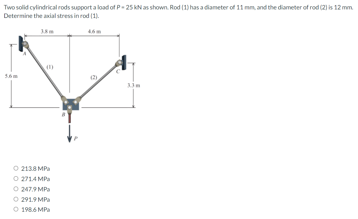 Two solid cylindrical rods support a load of P = 25 kN as shown. Rod (1) has a diameter of 11 mm, and the diameter of rod (2) is 12 mm.
Determine the axial stress in rod (1).
3.8 m
4.6 m
(1)
5.6 m
3.3 m
B
O 213.8 MPa
O 271.4 MPa
O 247.9 MPa
O 291.9 MPa
O 198.6 MPa
