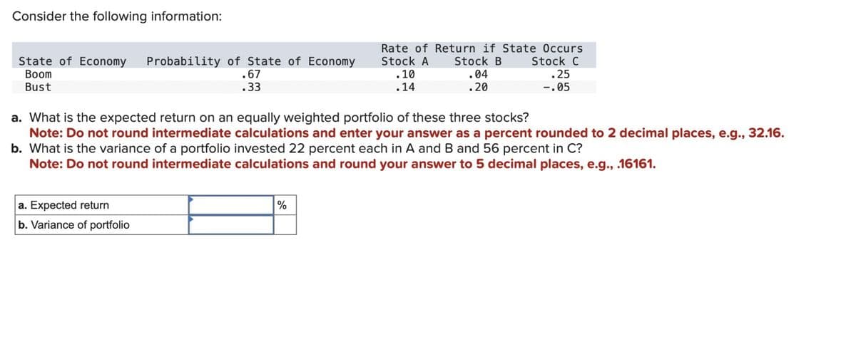 Consider the following information:
Rate of Return if State Occurs
State of Economy Probability of State of Economy
Boom
Bust
.67
.33
Stock A
.10
.14
Stock B
.04
.20
Stock C
.25
-.05
a. What is the expected return on an equally weighted portfolio of these three stocks?
Note: Do not round intermediate calculations and enter your answer as a percent rounded to 2 decimal places, e.g., 32.16.
b. What is the variance of a portfolio invested 22 percent each in A and B and 56 percent in C?
Note: Do not round intermediate calculations and round your answer to 5 decimal places, e.g., .16161.
a. Expected return
b. Variance of portfolio
%