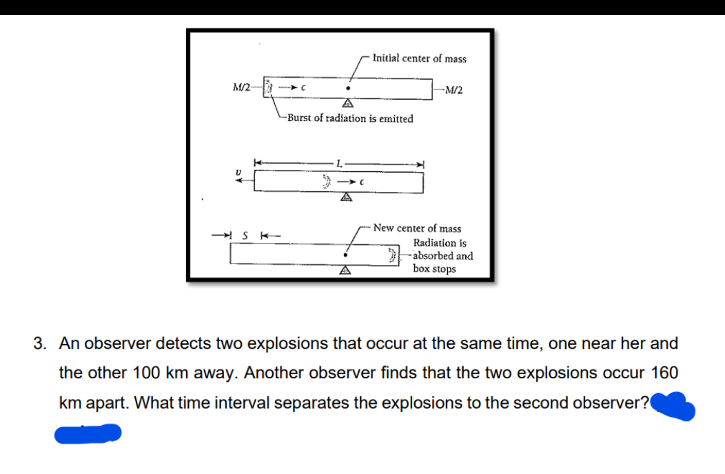 Initial center of mass
M/2-
-M/2
-Burst of radiation is emitted
New center of mass
* S K-
Radiation is
Fabsorbed and
box stops
A
3. An observer detects two explosions that occur at the same time, one near her and
the other 100 km away. Another observer finds that the two explosions occur 160
km apart. What time interval separates the explosions to the second observer?
