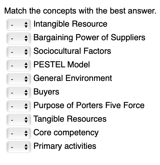 Match the concepts with the best answer.
Intangible Resource
Bargaining Power of Suppliers
Sociocultural Factors
I
I
I
I
I
60
I
I
PESTEL Model
General Environment
+ Buyers
Purpose of Porters Five Force
Tangible Resources
Core competency
Primary activities