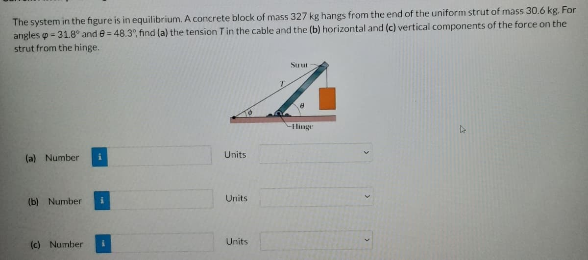 The system in the figure is in equilibrium. A concrete block of mass 327 kg hangs from the end of the uniform strut of mass 30.6 kg. For
angles = 31.8° and 0= 48.3°, find (a) the tension T in the cable and the (b) horizontal and (c) vertical components of the force on the
strut from the hinge.
(a) Number
(b) Number
(c) Number
i
Units
Units
Units
Strut
0
-Hinge