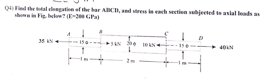 Q4) Find the total elongation of the bar ABCD, and stress in each section subjected to axial loads as
shown in Fig. below? (E=200 GPa)
35 kN 4
A
150-
B
C
↓
D
5 kN
20
10 kN
150
40kN
1
1 m
+
2 m
1 m