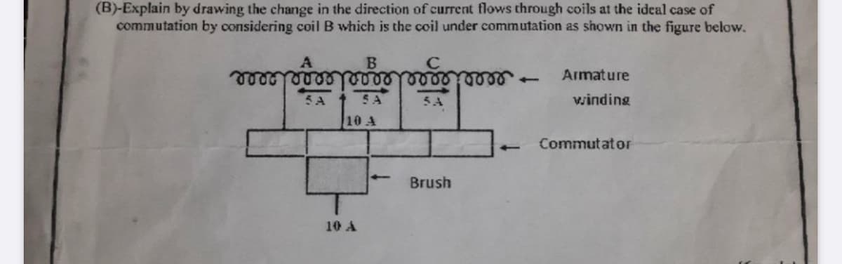 (B)-Explain by drawing the change in the direction of current flows through coils at the ideal case of
commutation by considering coil B which is the coil under commutation as shown in the figure below.
B
C
5A SA
5A
Armature
winding
10 A
Commutator
10 A
Brush