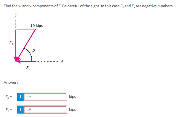 Find the x- and y-components of F. Be careful of the signs. In this case Fx and Fy are negative numbers.
19 kips
F,
Answers:
Fx=
Fy-
F₁
i 19
19
B
X
kips
kips