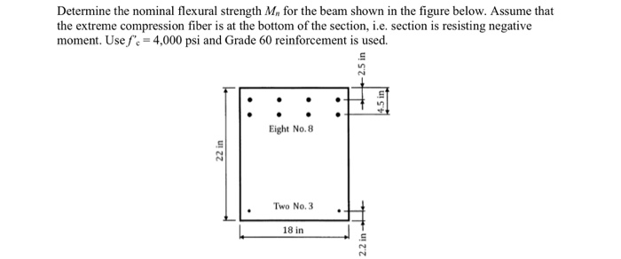 Determine the nominal flexural strength M, for the beam shown in the figure below. Assume that
the extreme compression fiber is at the bottom of the section, i.e. section is resisting negative
moment. Use f. = 4,000 psi and Grade 60 reinforcement is used.
Eight No. 8
Two No. 3
18 in
22 in
2.2 in
