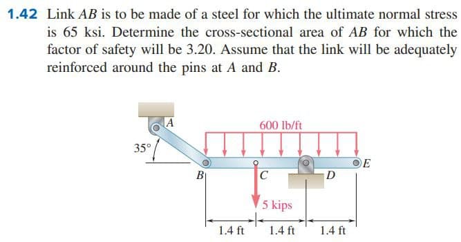 1.42 Link AB is to be made of a steel for which the ultimate normal stress
is 65 ksi. Determine the cross-sectional area of AB for which the
factor of safety will be 3.20. Assume that the link will be adequately
reinforced around the pins at A and B.
600 lb/ft
35°
OE
B
D
5 kips
1.4 ft
1.4 ft
1.4 ft
