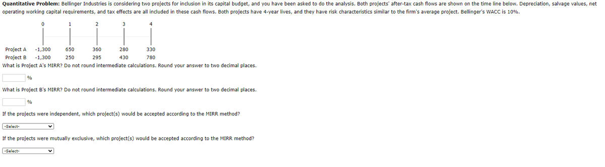 Quantitative Problem: Bellinger Industries is considering two projects for inclusion in its capital budget, and you have been asked to do the analysis. Both projects' after-tax cash flows are shown on the time line below. Depreciation, salvage values, net
operating working capital requirements, and tax effects are all included in these cash flows. Both projects have 4-year lives, and they have risk characteristics similar to the firm's average project. Bellinger's WACC is 10%.
%
-Select-
0
1
Project A -1,300
Project B -1,300
650
250
What is Project A's MIRR? Do not round intermediate calculations. Round your answer to two decimal places.
%
-Select-
2
3
360
295
280
430
4
What is Project B's MIRR? Do not round intermediate calculations. Round your answer to two decimal places.
330
780
If the projects were independent, which project(s) would be accepted according to the MIRR method?
If the projects were mutually exclusive, which project(s) would be accepted according to the MIRR method?