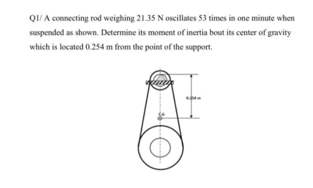 Q1/A connecting rod weighing 21.35 N oscillates 53 times in one minute when
suspended as shown. Determine its moment of inertia bout its center of gravity
which is located 0.254 m from the point of the support.
0.254 m