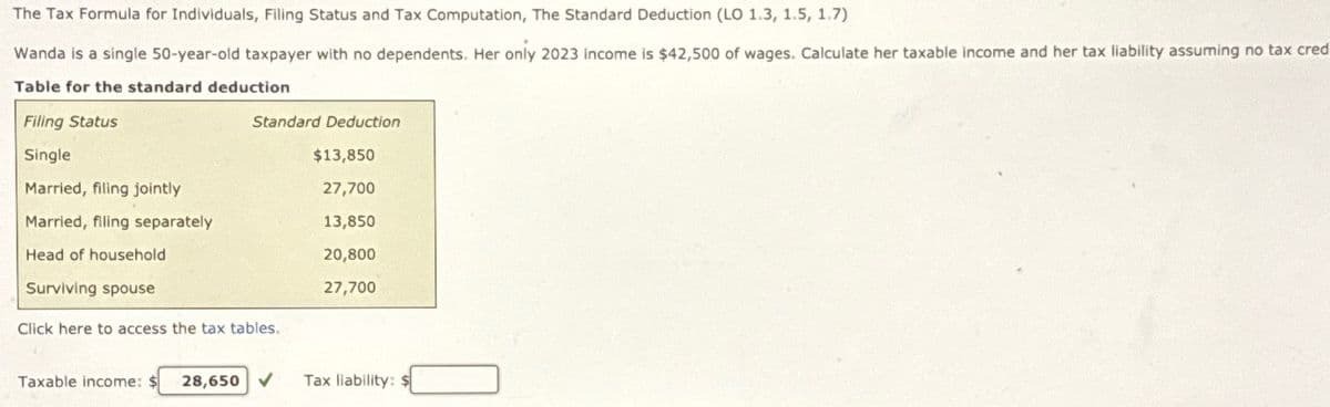 The Tax Formula for Individuals, Filing Status and Tax Computation, The Standard Deduction (LO 1.3, 1.5, 1.7)
Wanda is a single 50-year-old taxpayer with no dependents. Her only 2023 income is $42,500 of wages. Calculate her taxable income and her tax liability assuming no tax cred
Table for the standard deduction
Filing Status
Standard Deduction
Single
$13,850
Married, filing jointly
27,700
Married, filing separately
13,850
Head of household
20,800
Surviving spouse
27,700
Click here to access the tax tables.
Taxable income: $
28,650✔
Tax liability: $