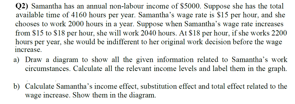 Q2) Samantha has an annual non-labour income of $5000. Suppose she has the total
available time of 4160 hours per year. Samantha's wage rate is $15 per hour, and she
chooses to work 2000 hours in a year. Suppose when Samantha's wage rate increases
from $15 to $18 per hour, she will work 2040 hours. At $18 per hour, if she works 2200
hours per year, she would be indifferent to her original work decision before the wage
increase.
a) Draw a diagram to show all the given information related to Samantha's work
circumstances. Calculate all the relevant income levels and label them in the graph.
b) Calculate Samantha's income effect, substitution effect and total effect related to the
wage increase. Show them in the diagram.