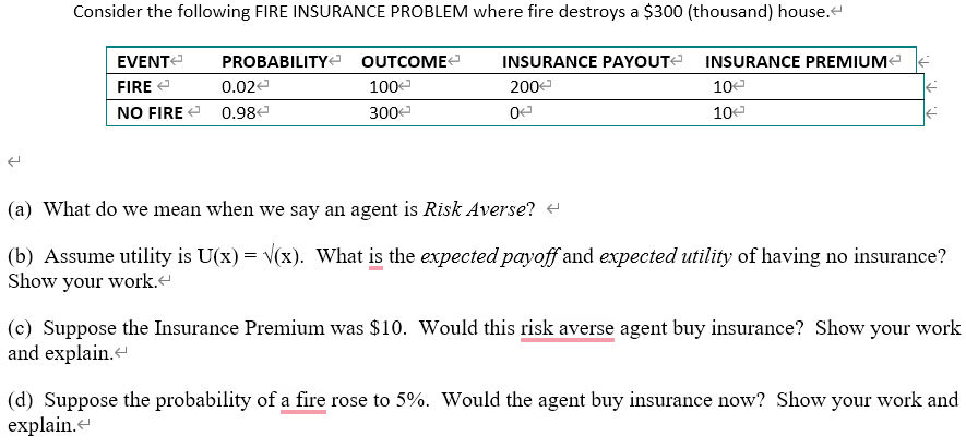 ↑
Consider the following FIRE INSURANCE PROBLEM where fire destroys a $300 (thousand) house.<
INSURANCE PAYOUT INSURANCE PREMIUM
200
0
EVENT
FIRE →
NO FIRE
PROBABILITY
0.02
0.98
OUTCOME
100
300
10
10
(a) What do we mean when we say an agent is Risk Averse?
(b) Assume utility is U(x) = √(x). What is the expected payoff and expected utility of having no insurance?
Show your work.
(c) Suppose the Insurance Premium was $10. Would this risk averse agent buy insurance? Show your work
and explain.
(d) Suppose the probability of a fire rose to 5%. Would the agent buy insurance now? Show your work and
explain.