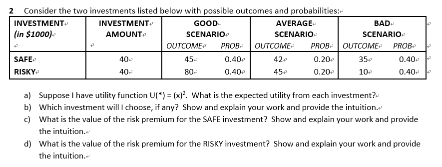 2 Consider the two investments listed below with possible outcomes and probabilities:
INVESTMENT
(in $1000)
SAFE
RISKY
INVESTMENT
AMOUNTⓇ
40+
40+
GOOD
SCENARIO
OUTCOME
45+
80+
AVERAGE+
SCENARIO
PROB OUTCOME
0.40*
0.40€
42+
45+
BAD+
SCENARIO
PROB OUTCOME PROB
0.20
35+
0.20
10+
0.40€
0.40+
b)
a) Suppose I have utility function U(*) = (x)2. What is the expected utility from each investment?
Which investment will I choose, if any? Show and explain your work and provide the intuition.
c) What is the value of the risk premium for the SAFE investment? Show and explain your work and provide
the intuition.
d) What is the value of the risk premium for the RISKY investment? Show and explain your work and provide
the intuition.<
+