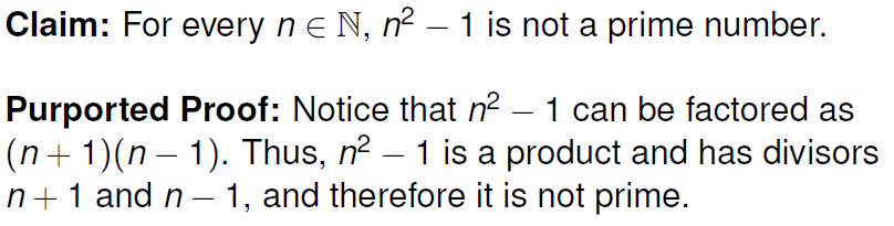 Claim: For every n € N, n² – 1 is not a prime number.
Purported Proof: Notice that n² – 1 can be factored as
(n + 1)(n − 1). Thus, n² – 1 is a product and has divisors
n+ 1 and n − 1, and therefore it is not prime.