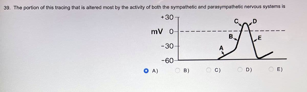 39. The portion of this tracing that is altered most by the activity of both the sympathetic and parasympathetic nervous systems is
+30
B.
TA
C)
mV O
OA)
- 30-
-60
B)
D)
D
E
E)