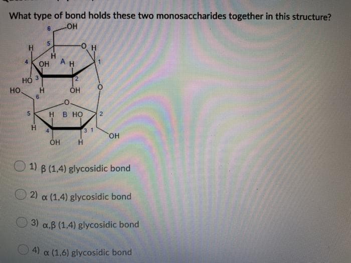 What type of bond holds these two monosaccharides together in this structure?
HO-
H.
-O H
H.
OH
A H
HO
3.
12
HO.
HB HO
3 1
HO
OH
) B(1,4) glycosidic bond
2 a (1,4) glycosidic bond
3 aB (1.4) glycosidic bond
4) a (1,6) glycosidic bond
IN
