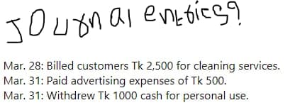 Jurnal entries?
Mar. 28: Billed customers Tk 2,500 for cleaning services.
Mar. 31: Paid advertising expenses of Tk 500.
Mar. 31: Withdrew Tk 1000 cash for personal use.
