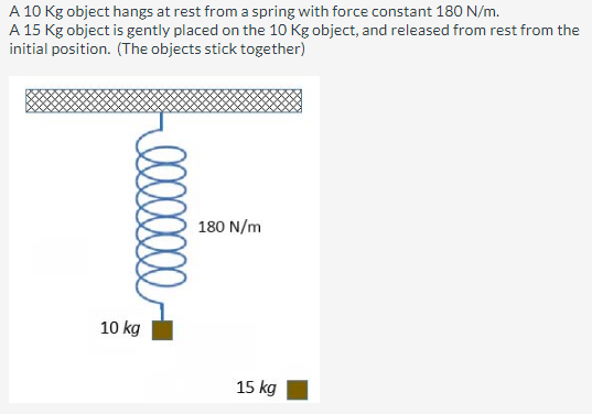 A
10 Kg object hangs at rest from a spring with force constant 180 N/m.
A 15 Kg object is gently placed on the 10 Kg object, and released from rest from the
initial position. (The objects stick together)
00000000
10 kg
180 N/m
15 kg