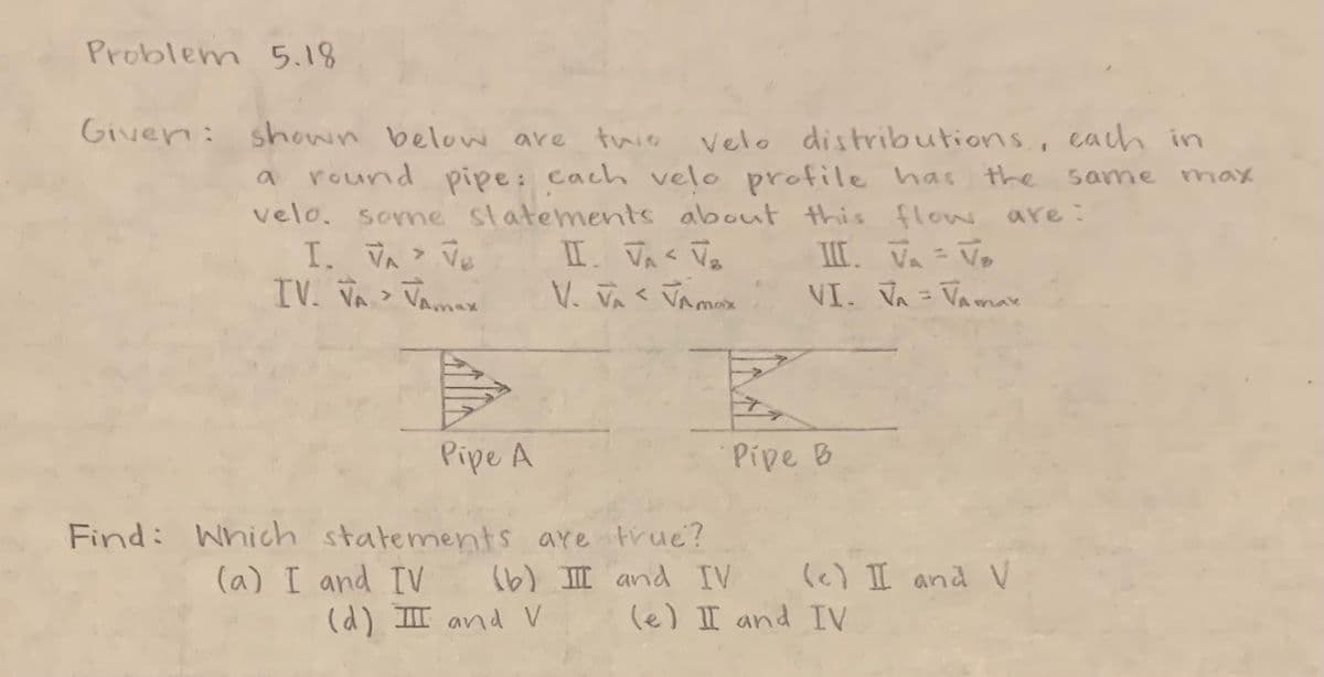 Problem 5.18
Given : shown below are this
Velo distributions, each in
a round pipe: each velo profile has the same max
velo. some statements about this flow are:
III. VA = V₂
VI. VA - VA max
I. VA V₂
IV. VA > VAmax
Pipe A
II. V₁² V₂
V. VAVAmax
<
Pipe B
Find: Which statements are true?
(a) I and IV (b) III and IV
(d) III and V
(c) II and V
(e) II and IV