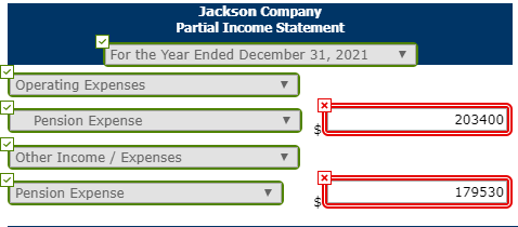 Jackson Company
Partial Income Statement
For the Year Ended December 31, 2021
Operating Expenses
х
Pension Expense
203400
Other Income / Expenses
х
Pension Expense
179530
%24
%24
