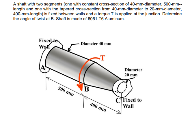 A shaft with two segments (one with constant cross-section of 40-mm-diameter, 500-mm--
length and one with the tapered cross-section from 40-mm-diameter to 20-mm-diameter,
400-mm-length) is fixed between walls and a torque T is applied at the junction. Determine
the angle of twist at B. Shaft is made of 6061-T6 Aluminum.
Fixed to
Wan
Diameter 40 mm
Diameter
20 mm
B
500 mm
CFixed to
Wall
400 mm
