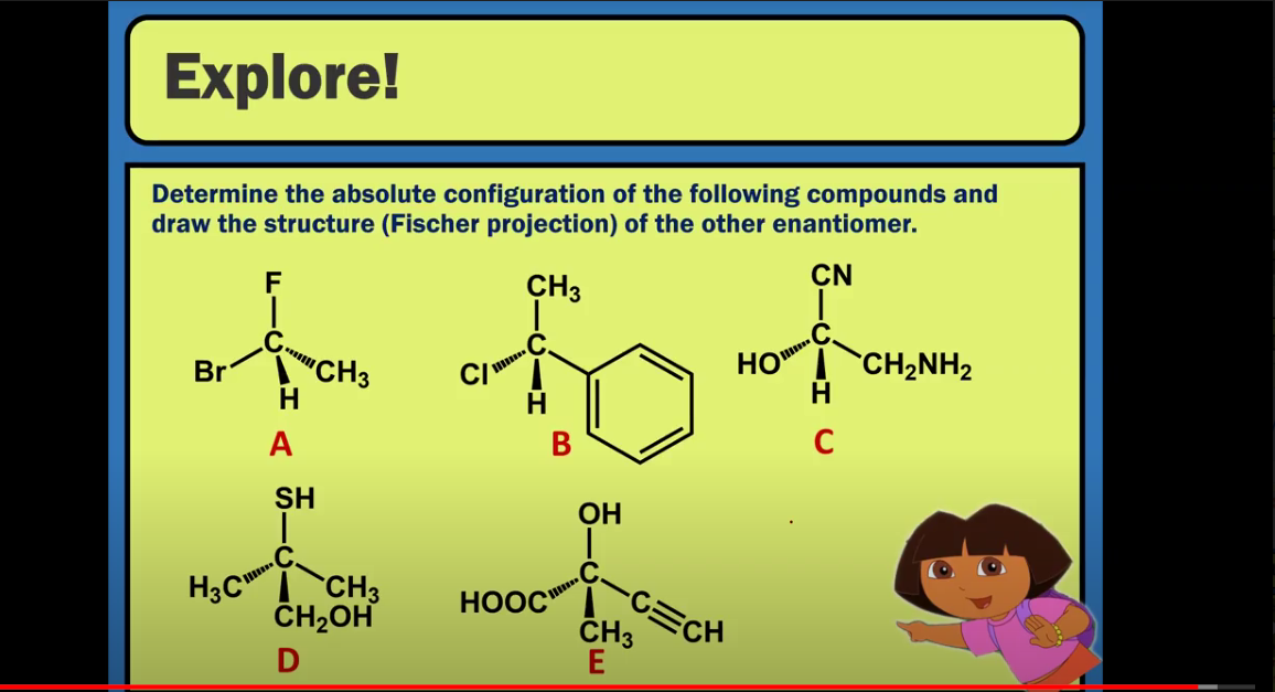 Explore!
Determine the absolute configuration of the following compounds and
draw the structure (Fischer projection) of the other enantiomer.
CN
CH3
HO
CH2NH2
Br
"CH3
A
В
SH
ОН
H3C CH3
CH2OH
C=CH
ČH3
E
HOOC
