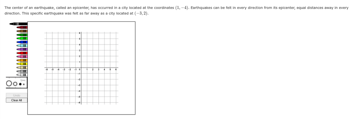 The center of an earthquake, called an epicenter, has occurred in a city located at the coordinates (1,-4). Earthquakes can be felt in every direction from its epicenter, equal distances away in every
direction. This specific earthquake was felt as far away as a city located at (-3,2).
Undo
Clear All
3
-3