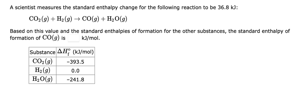 A scientist measures the standard enthalpy change for the following reaction to be 36.8 kJ:
CO₂(g) + H₂(g) → CO(g) + H₂O(g)
Based on this value and the standard enthalpies of formation for the other substances, the standard enthalpy of
formation of CO(g) is
kJ/mol.
Substance AH (kJ/mol)
f
CO₂(g)
-393.5
H₂(g)
0.0
H₂O(g) -241.8