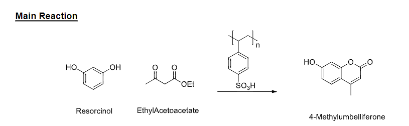 Main Reaction
но,
Но,
HO
OEt
Resorcinol
EthylAcetoacetate
4-Methylumbelliferone
