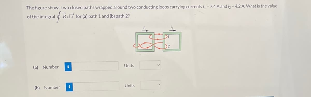 The figure shows two closed paths wrapped around two conducting loops carrying currents i₁ = 7.4 A and i₂ = 4.2 A. What is the value
Bds for (a) path 1 and (b) path 2?
of the integral Bds
白口
(a) Number
Units
(b) Number
Units