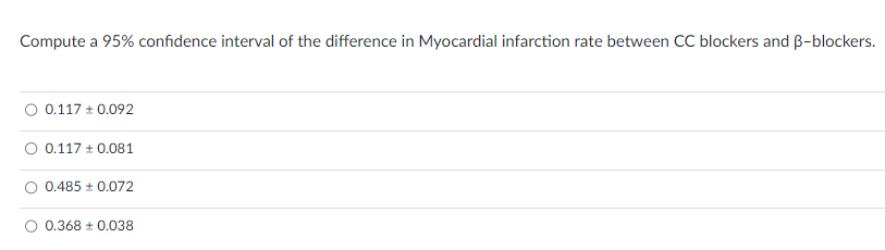 Compute a 95% confidence interval of the difference in Myocardial infarction rate between CC blockers and B-blockers.
0.117 + 0.092
0.117 + 0.081
0.485 ± 0.072
0.368 ± 0.038