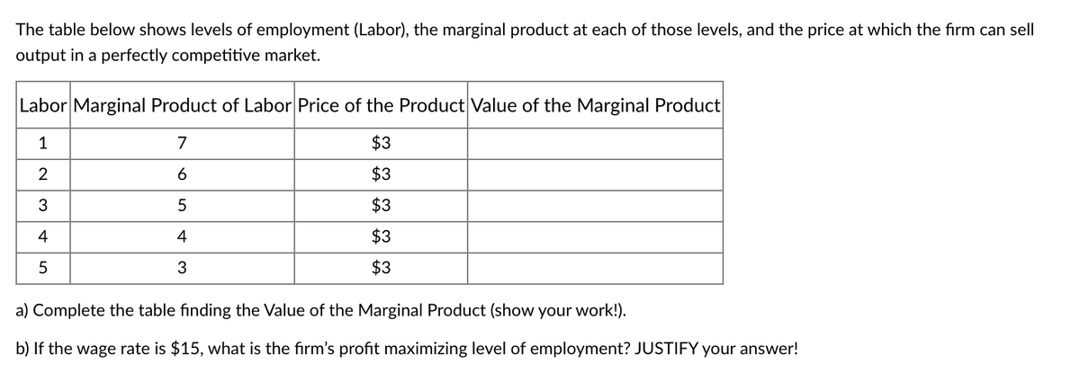 The table below shows levels of employment (Labor), the marginal product at each of those levels, and the price at which the firm can sell
output in a perfectly competitive market.
Labor Marginal Product of Labor Price of the Product Value of the Marginal Product
1
7
$3
6
$3
3
$3
4
4
$3
3
$3
a) Complete the table finding the Value of the Marginal Product (show your work!).
b) If the wage rate is $15, what is the firm's profit maximizing level of employment? JUSTIFY your answer!
2.
