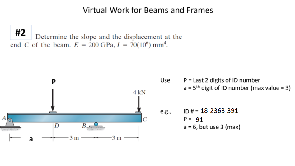 Virtual Work for Beams and Frames
#2
Determine the slope and the displacement at the
end C of the beam. E = 200 GPa, I = 70(10°) mmª.
P = Last 2 digits of ID number
a = 5th digit of ID number (max value = 3)
P
Use
%3D
4 kN
ID # = 18-2363-391
P = 91
a = 6, but use 3 (max)
e.g.,
A
C
|D
B-
a
- 3 m
-3 m
