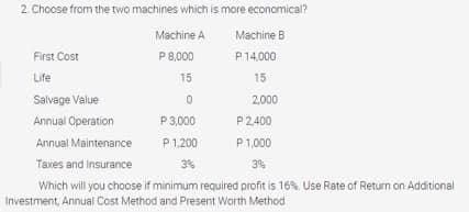2. Choose from the two machines which is more economical?
Machine A
Machine B
P 8,000
P 14,000
15
15
0
2,000
P 3,000
P 1,200
3%
First Cost
Life
Salvage Value
Annual Operation
P 2,400
Annual Maintenance
P 1,000
Taxes and Insurance
3%
Which will you choose if minimum required profit is 16%. Use Rate of Return on Additional
Investment, Annual Cost Method and Present Worth Method