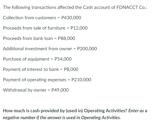 The following transactions affected the Cash account of FDNACCT Co.:
Collection from customers = P430,000
Proceeds from sale of furniture = P12,000
Proceeds from bank loan = P88,000
Additional investment from owner = P200,000
Purchase of equipment = P54,000
Payment of interest to bank = P8,000
Payment of operating expenses = P210,000
Withdrawal by owner = P49,000
How much is cash provided by (used in) Operating Activities? Enter as a
negative number if the answer is used in Operating Activities.