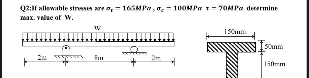 Q2:If allowable stresses are ot = 165MPa, oc=100MPa t = 70MPa determine
max. value of W.
W
150mm
50mm
2m
8m
2m
150mm