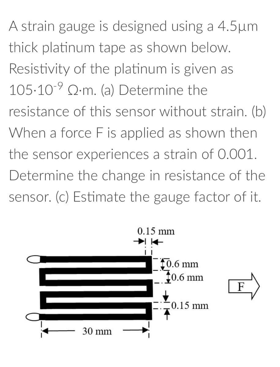 A strain gauge is designed using a 4.5μm
thick platinum tape as shown below.
Resistivity of the platinum is given as
105∙10-⁹ ∙m. (a) Determine the
resistance of this sensor without strain. (b)
When a force F is applied as shown then
the sensor experiences a strain of 0.001.
Determine the change in resistance of the
sensor. (c) Estimate the gauge factor of it.
30 mm
0.15 mm
0.6 mm
10.6 mm
0.15 mm
F