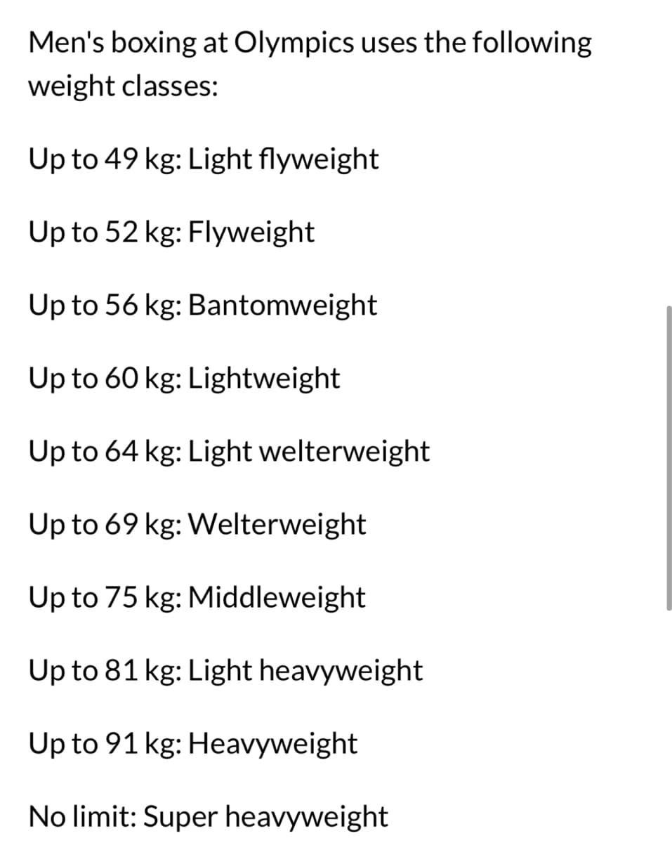 Men's boxing at Olympics uses the following
weight classes:
Up to 49 kg: Light flyweight
Up to 52 kg: Flyweight
Up to 56 kg: Bantomweight
Up to 60 kg: Lightweight
Up to 64 kg: Light welterweight
Up to 69 kg: Welterweight
Up to 75 kg: Middleweight
Up to 81 kg: Light heavyweight
Up to 91 kg: Heavyweight
No limit: Super heavyweight