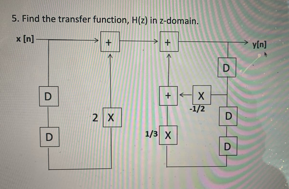 5. Find the transfer function, H(z) in z-domain.
x [n] –
y[n]
D
+ E X
-1/2
2 X
D
1/3 X
